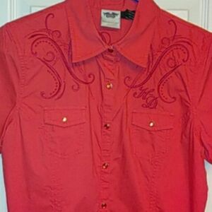 Harley Davidson Western Shirt Orange Short Sleeve Embroidery Snaps Womens Medium